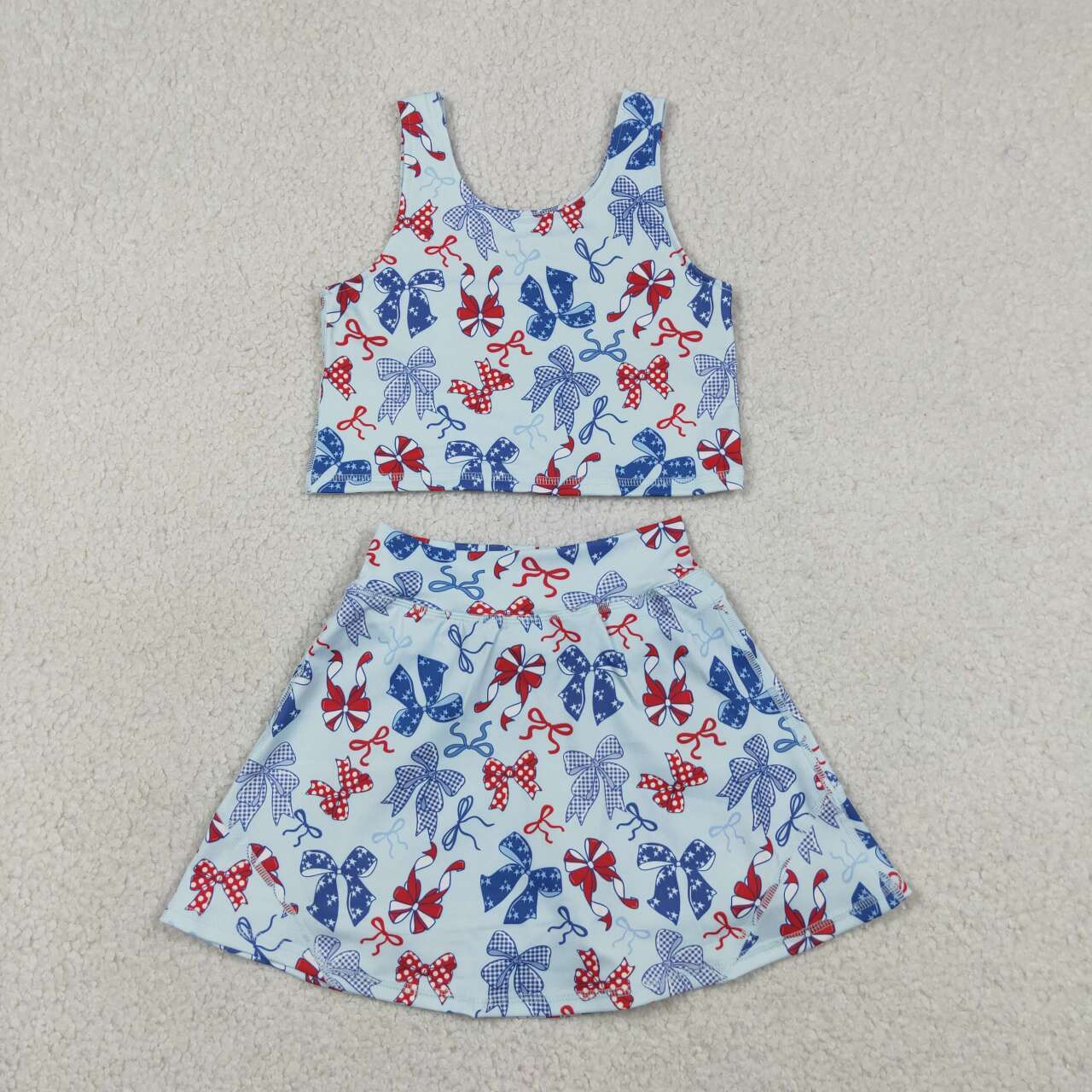 Red blue bow print girls summer active wear set