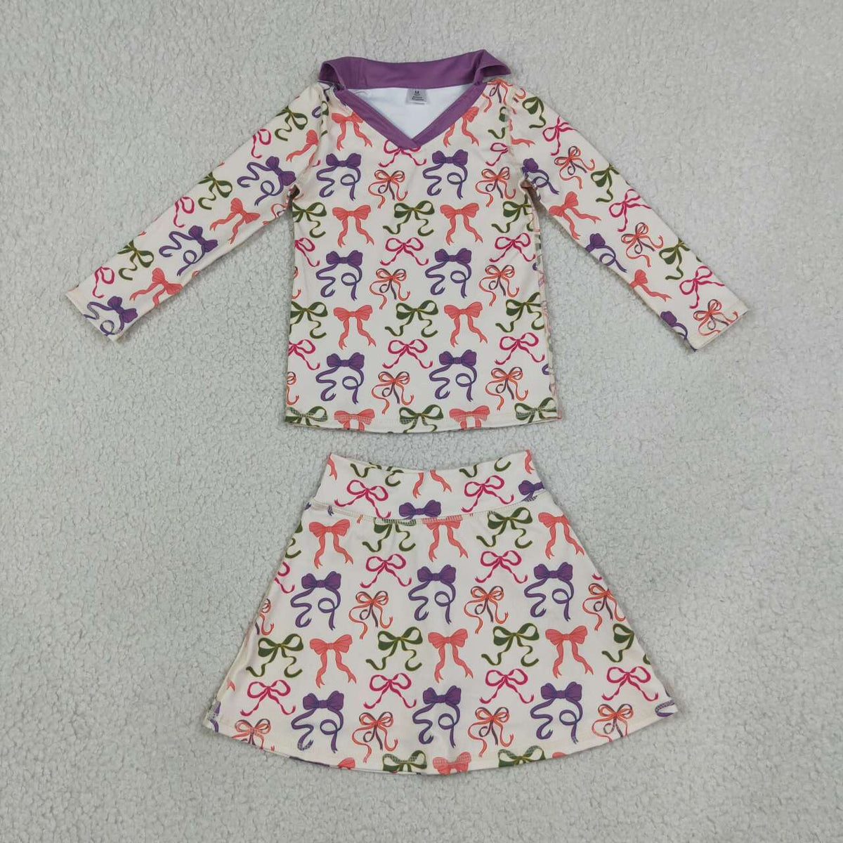 Colorful bow long sleeve yoga top matching skorts girls spring fall outfit