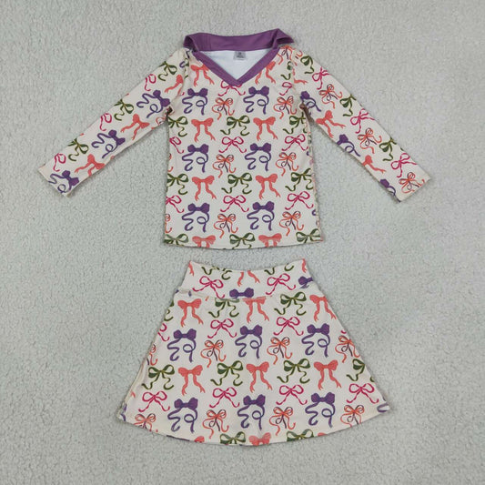 Colorful bow long sleeve yoga top matching skorts girls spring fall outfit