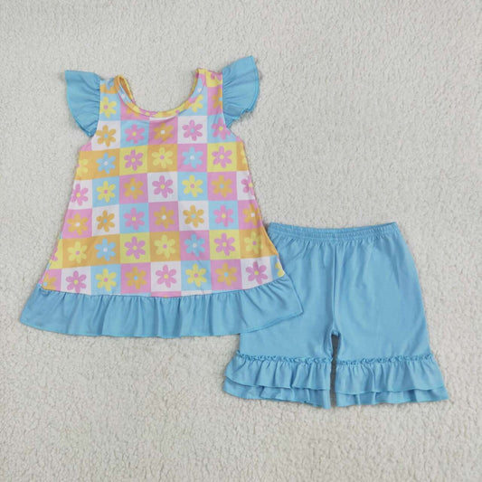 Colorful flowers shirt cotton shorts summer outfit