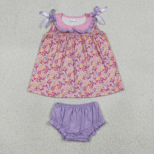 lavender yellow floral print girls summer bummies outfit