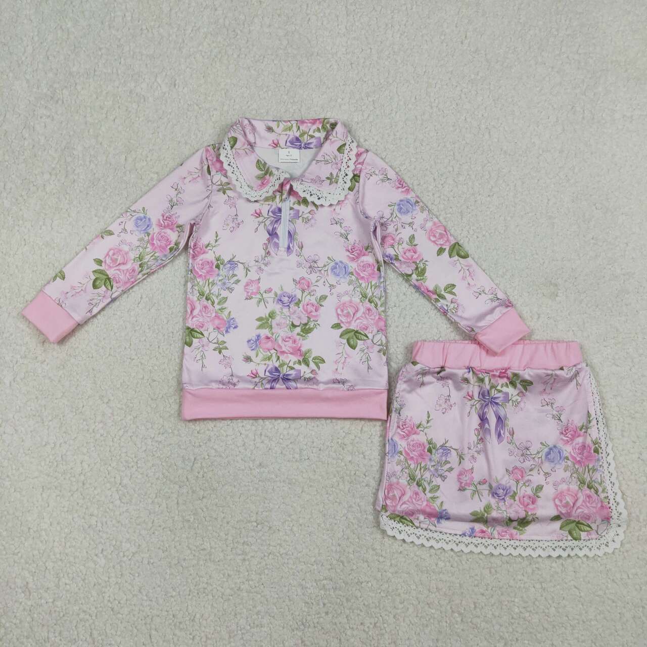 Pink blue floral pullover top matching skirts girl outfit