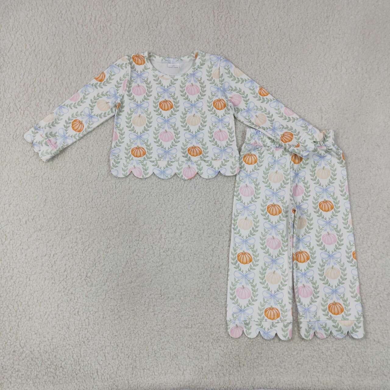 Bow pumpkin scallop print girls long sleeve spring fall set outfit