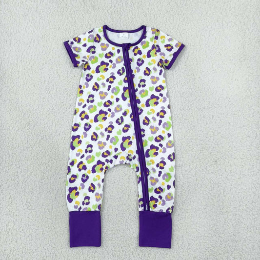Mardi gras leopard print toddle baby girls short sleeve romper