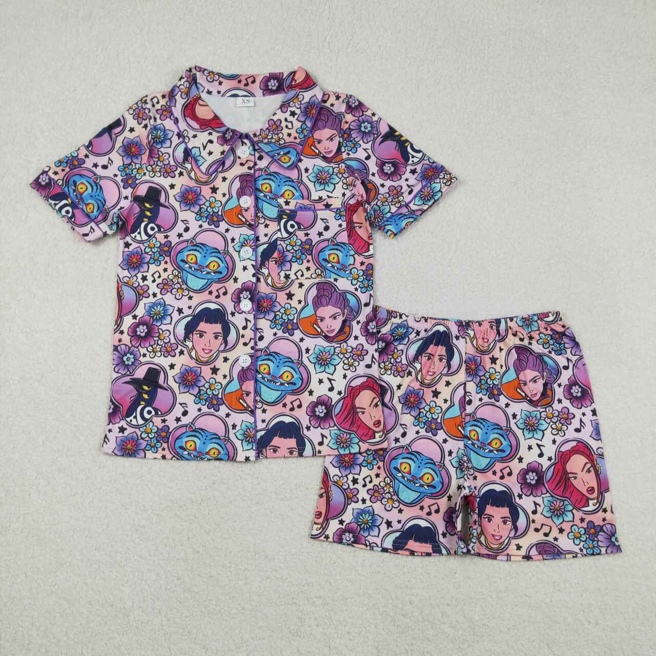 Cartoon floral design kids long sleeve top matching pants girls pajama set