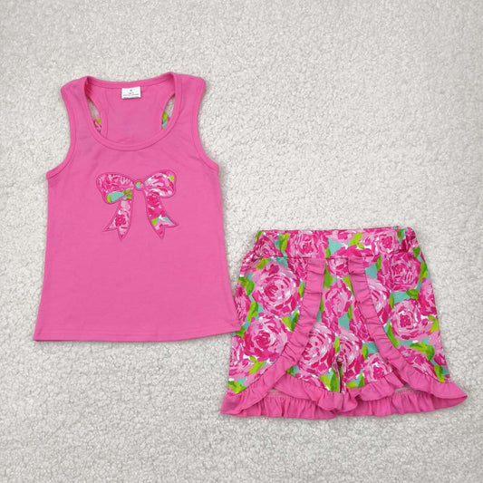 Baby girl hot pink embroidery floral bow top matching shorts summer outfit