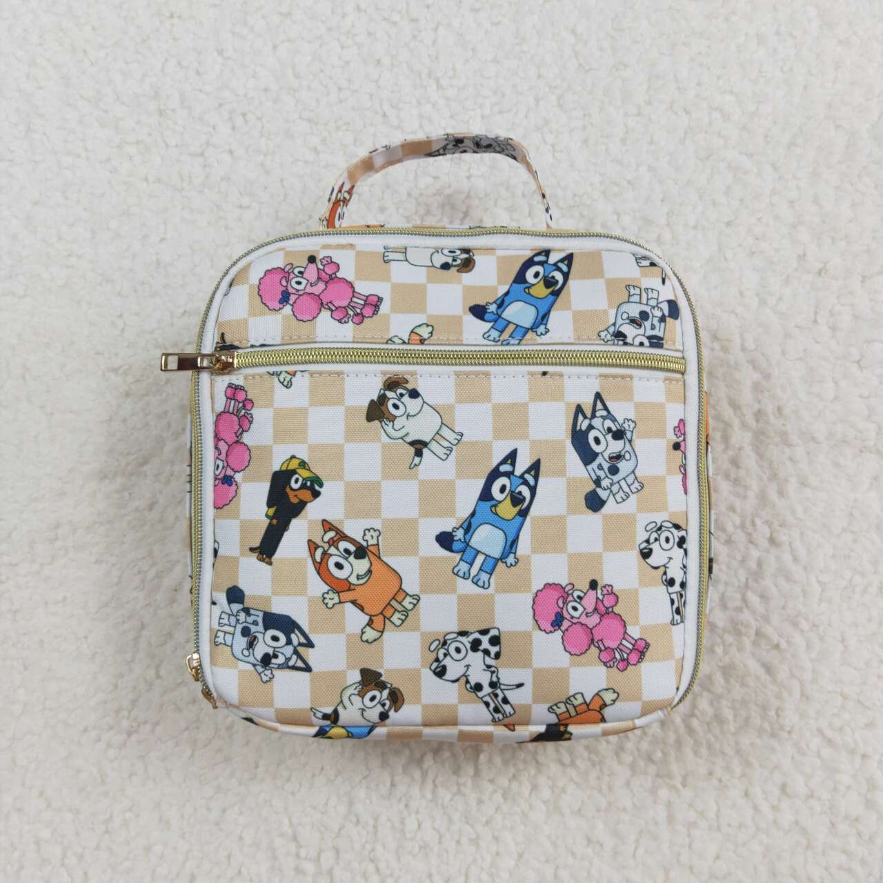 wholesale blue cartoon dog khaki checkered lunch box bag