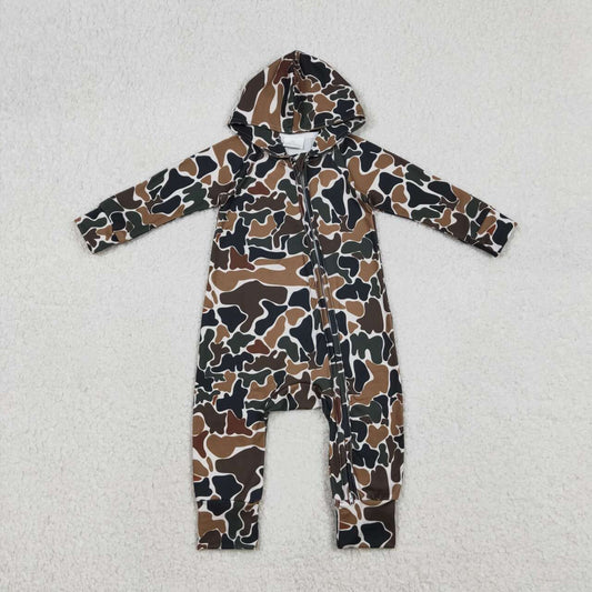 Toddle baby brown camo long sleeve hoodie romper
