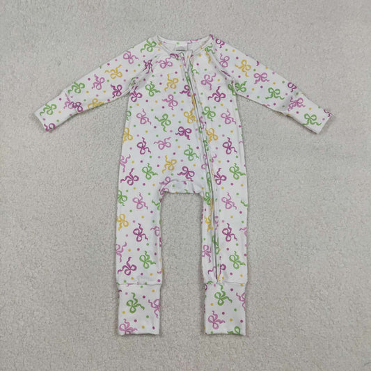 Mardi Gras lavender bows print  toddle baby long sleeve romper