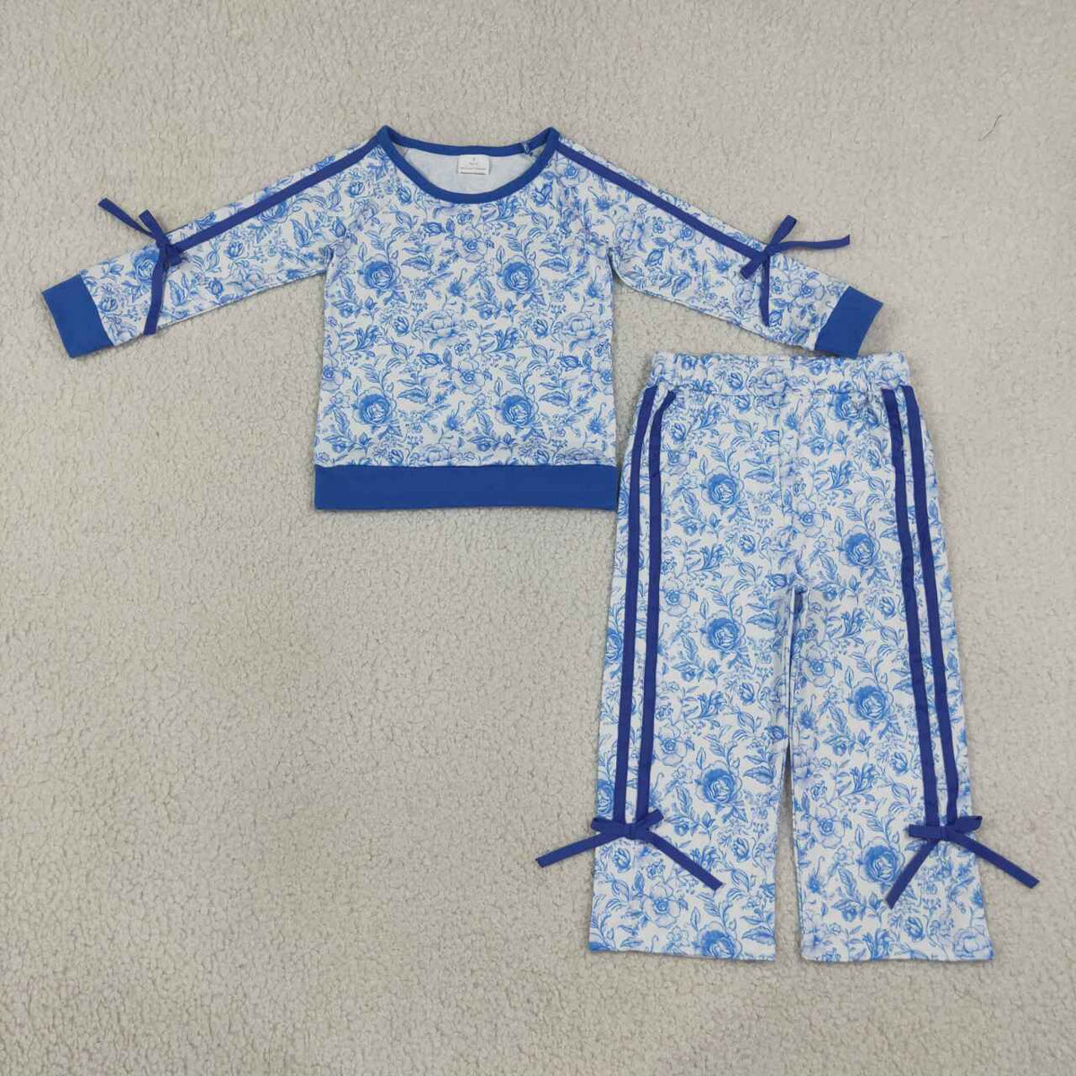 Blue flowers print long sleeve top matching pants girls fall outfit