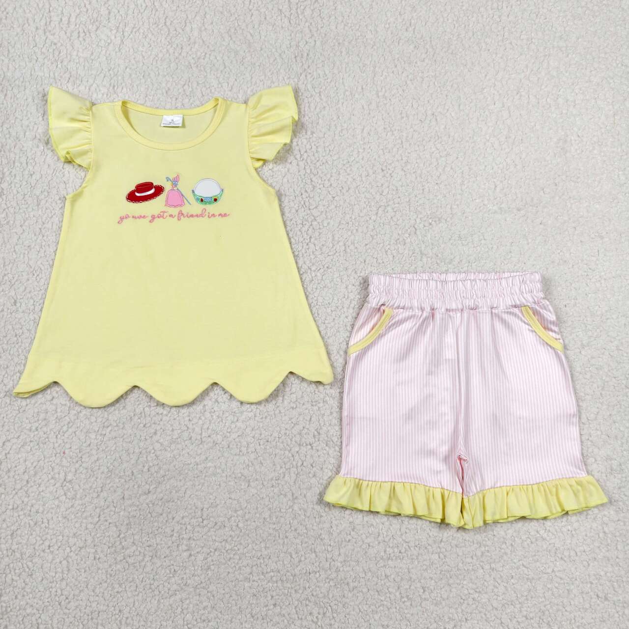 Friend embroidery design top matching shorts girl summer outfit