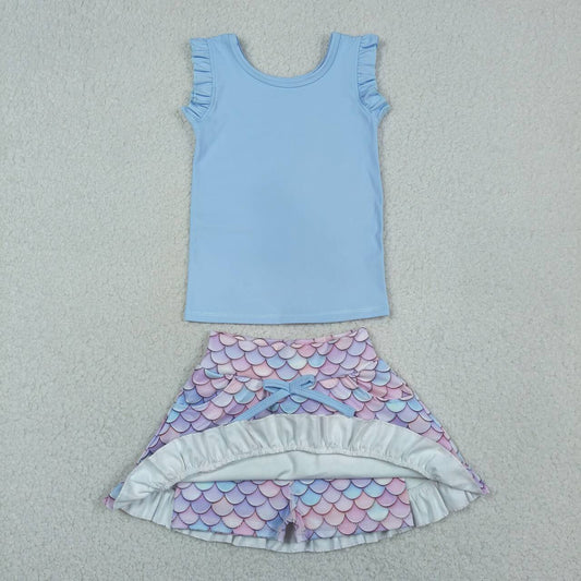 Blue tank top matching yoga skirts girls active wear outfit