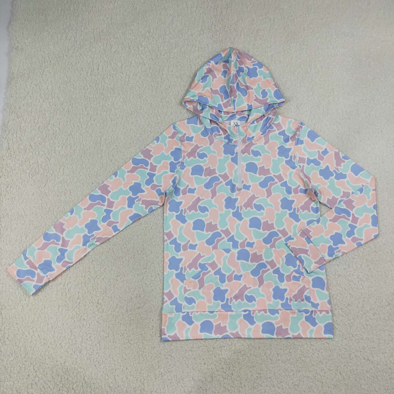 Adult women pink blue camo long sleeve hoodie top