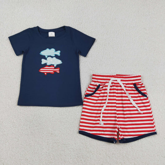 Embroidery Fishing design top matching shorts boy summer outfit