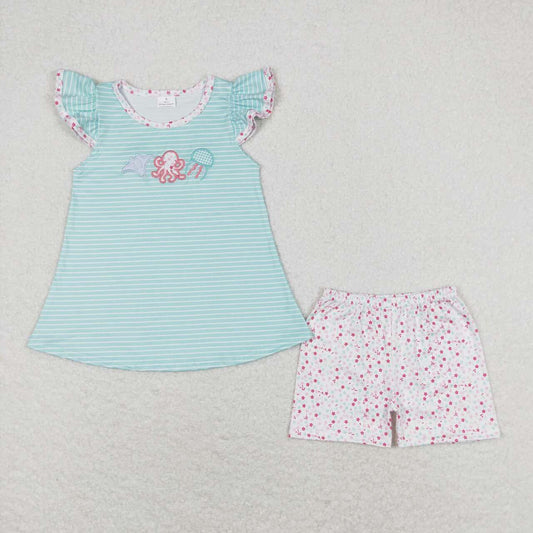 blue stripes embroidery sea animal design outfit
