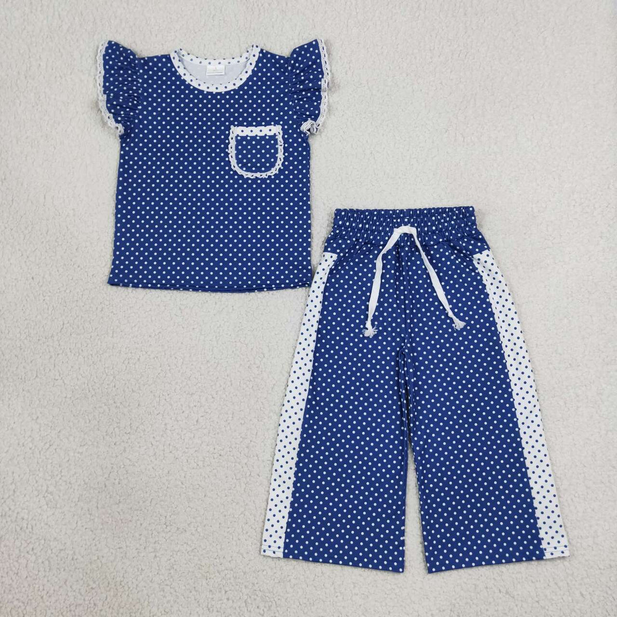 Blue polka dots flutter sleeve top matching pants girls outfit