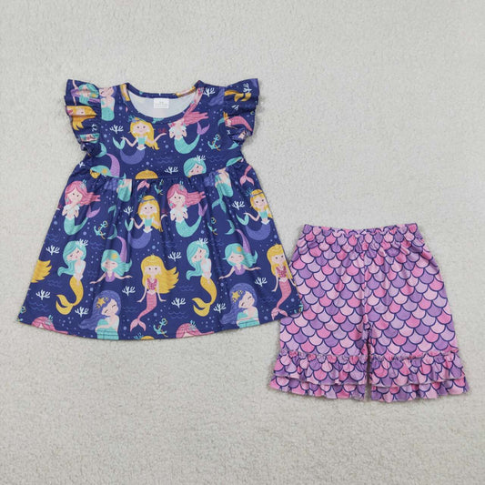 Mermaid shirt matching shorts girls summer outfit
