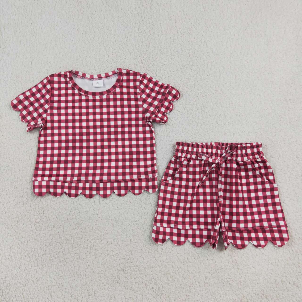 Red plaid design top matching shorts girls summer outfit