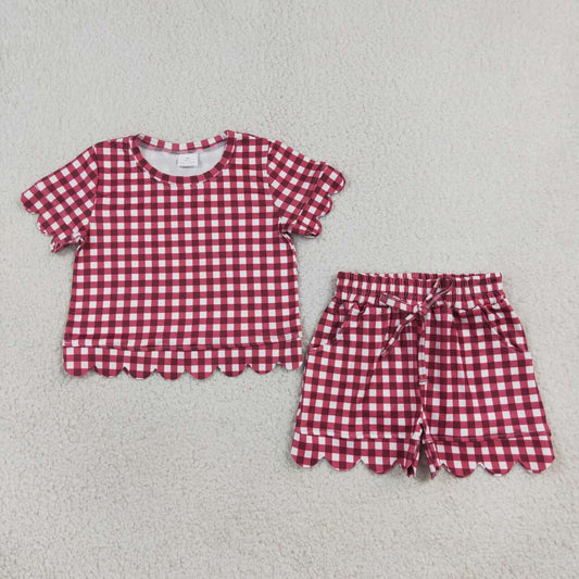 Red plaid design top matching shorts girls summer outfit