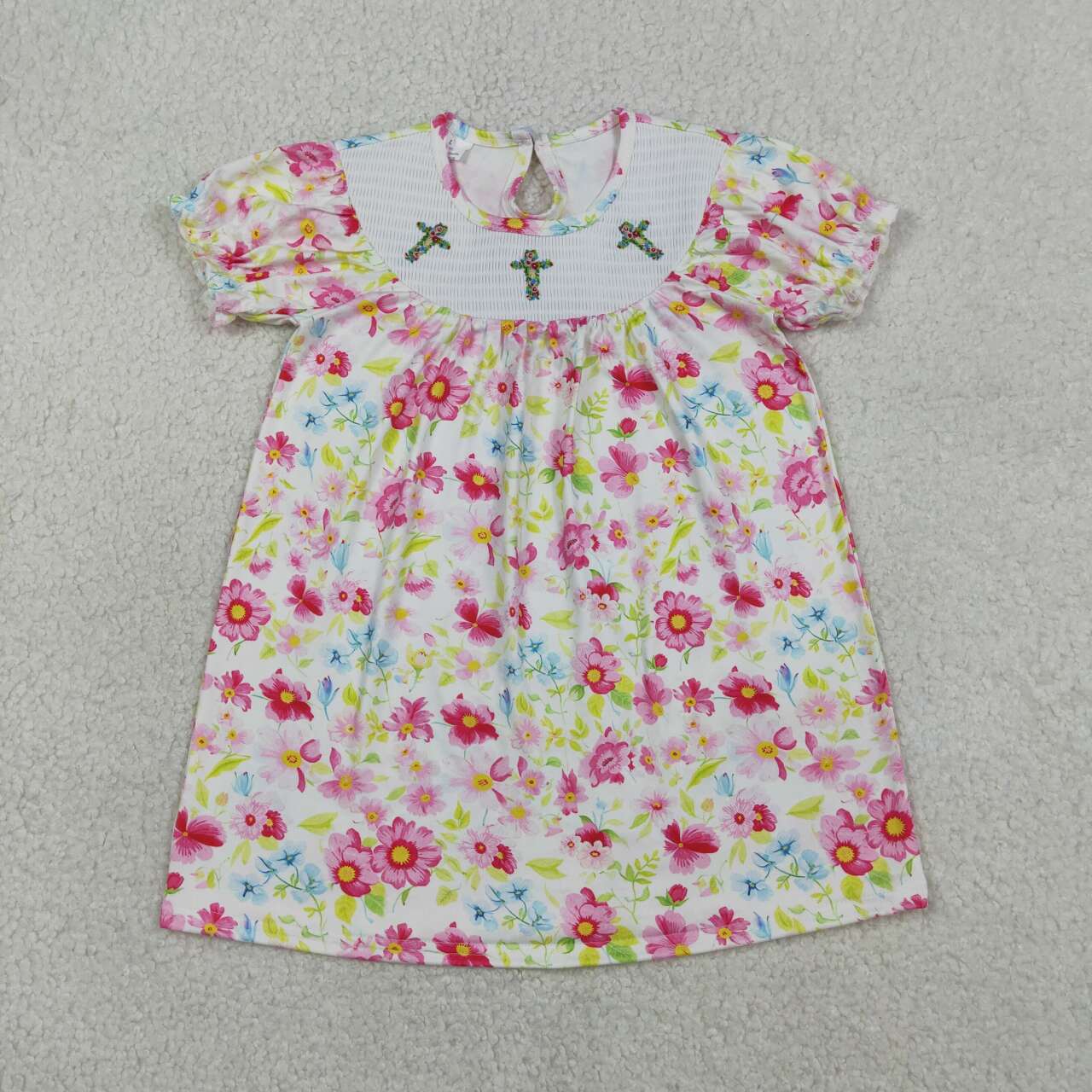 Easter cross girls short sleeve floral smocked dress