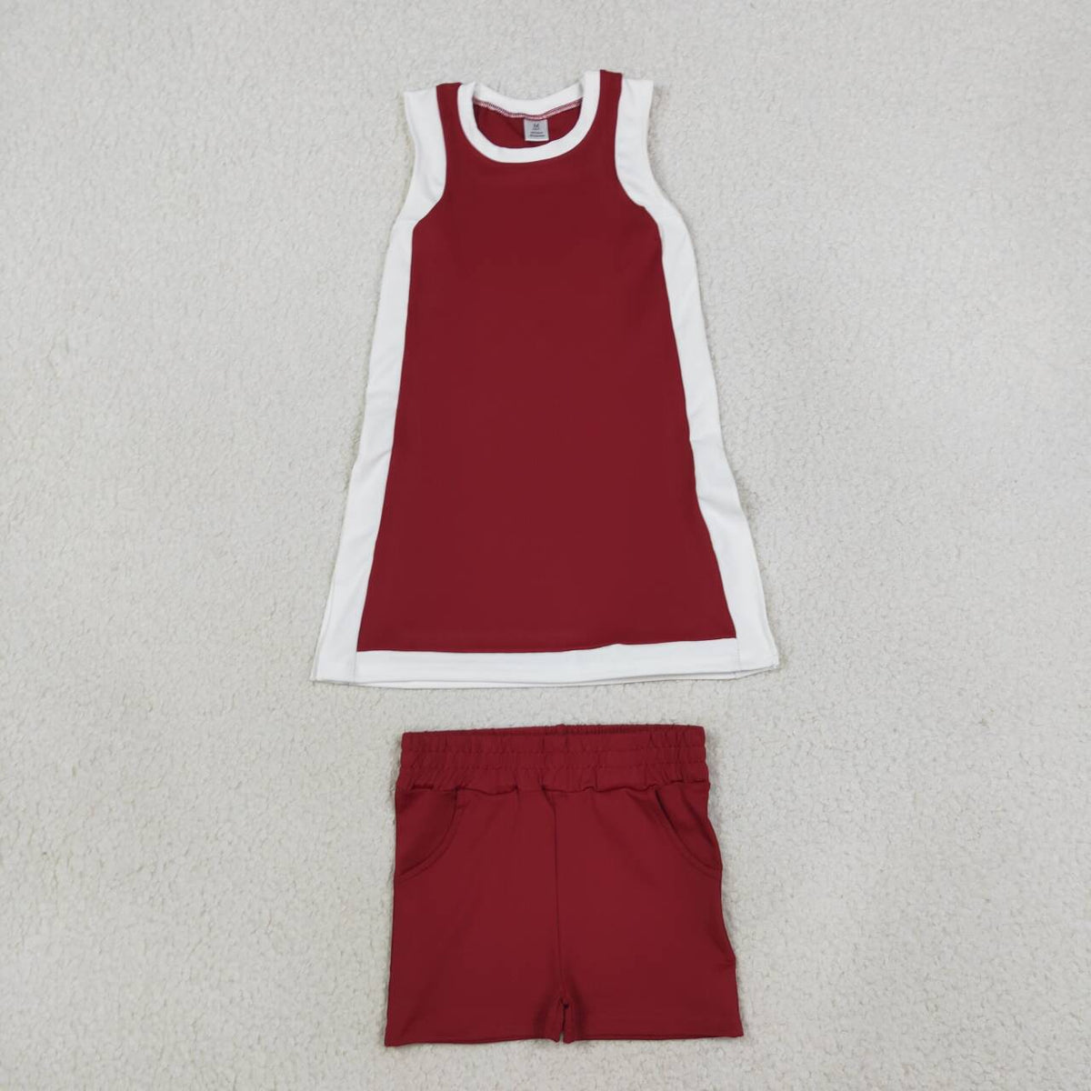 Wine red sleeveless yoga pullover top matching shorts girls outfit