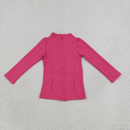 Hot pink color kids girls long sleeve zip pullover yoga top