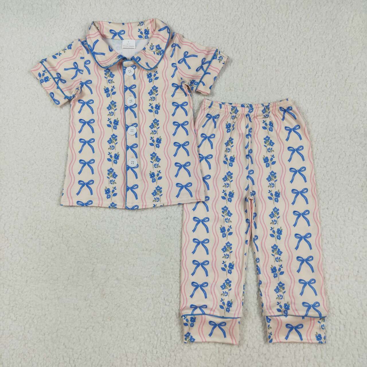 Baby girl blue bow floral short sleeve pajama set clothes