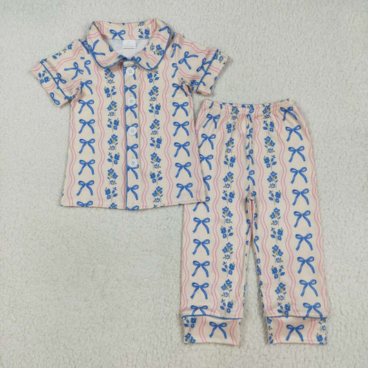 Baby girl blue bow floral short sleeve pajama set clothes