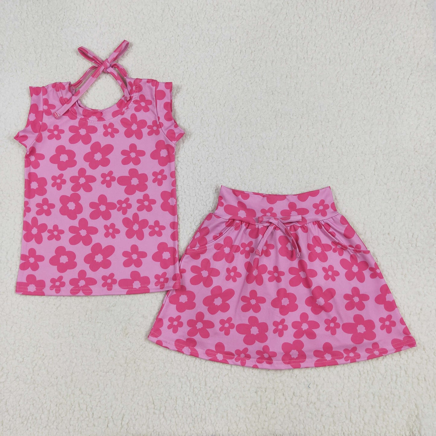 Hot pink flowers baby girls summer skirt set with shorts