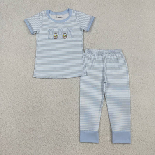 Embroidery Easter bunny blue stripes design boys short sleeve outfit