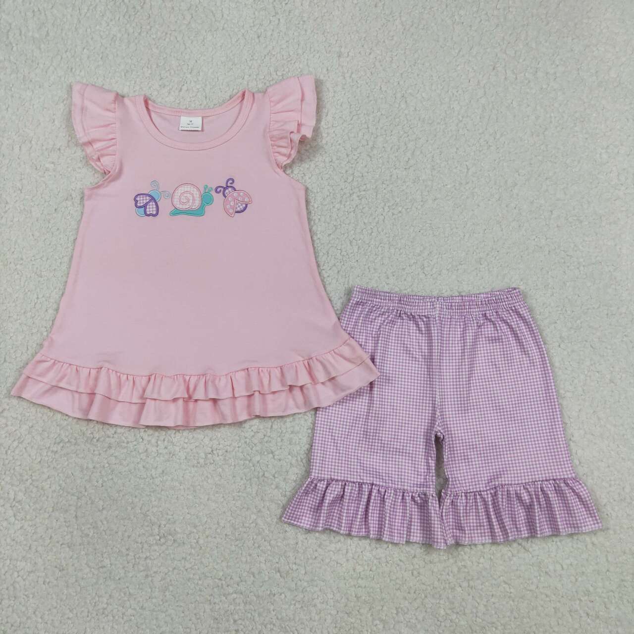Embroidery Snail short sleeve top matching shorts girls summer outfit