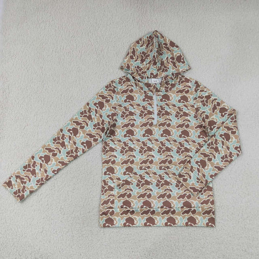 Adult women green brown camo long sleeve hoodie top