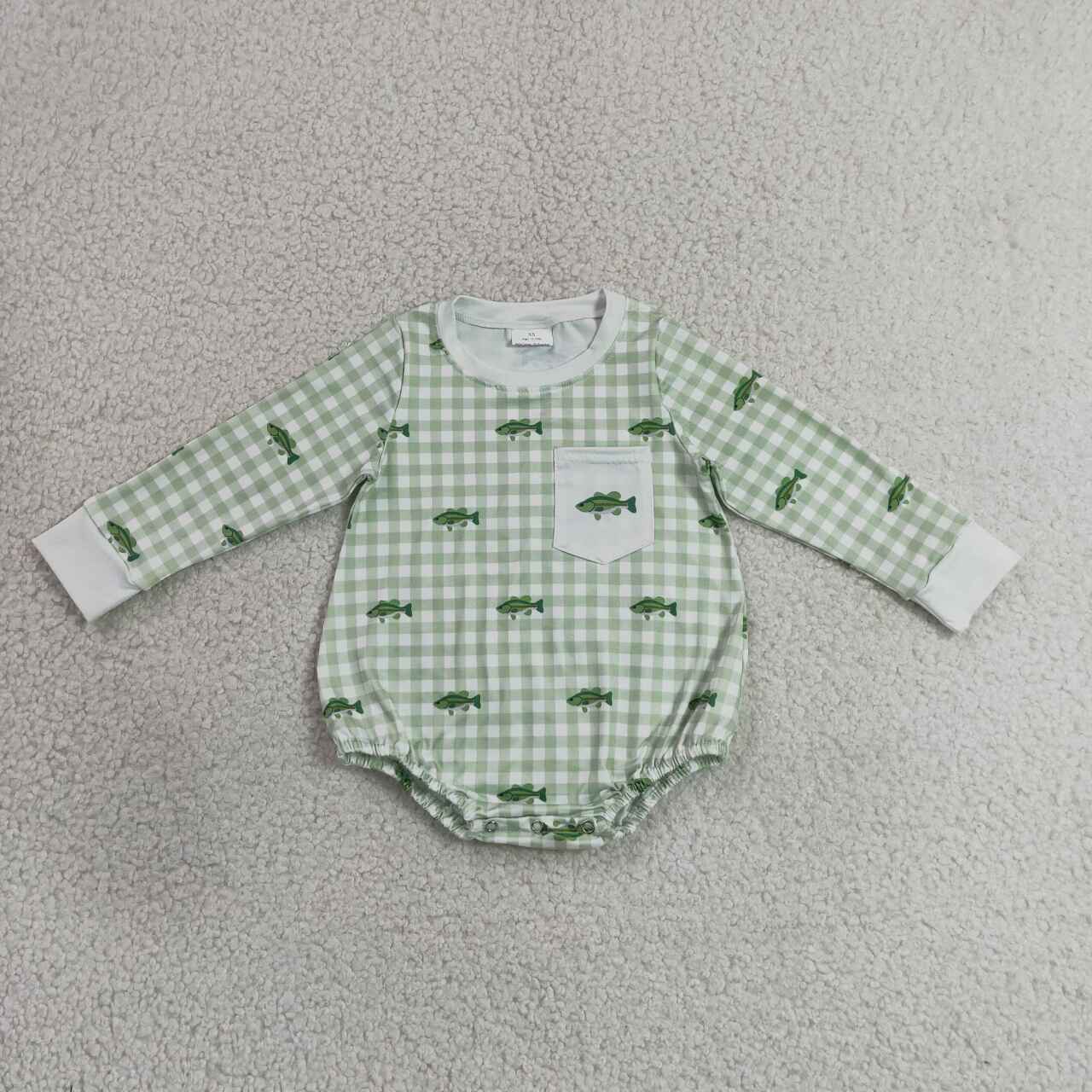 Toddle baby boy fish green plaid romper