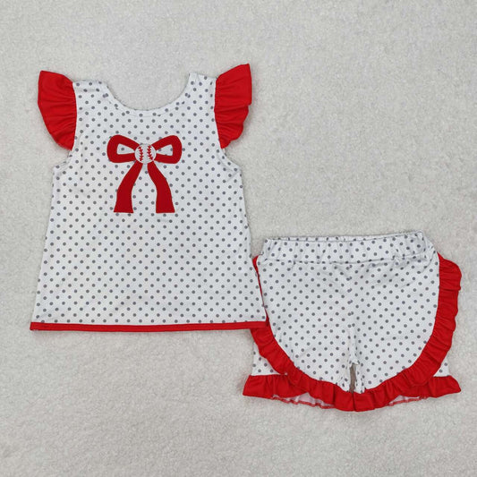Embroidery Red bow baseball baby girl outfit
