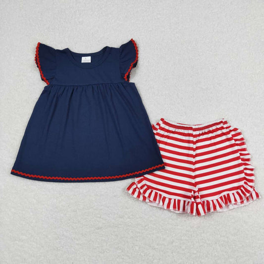 girls navy shirt red stripes shorts outfit