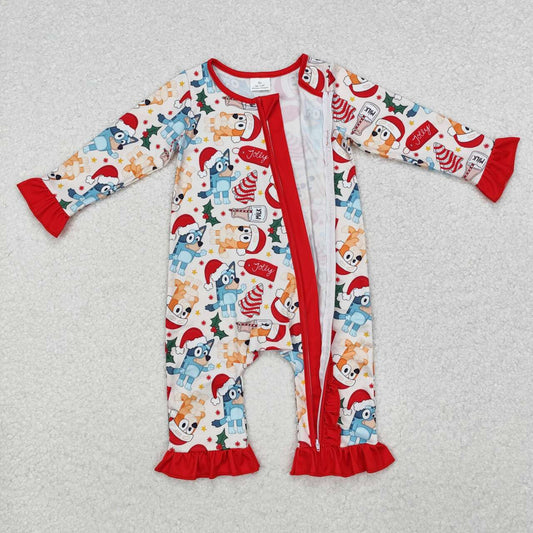toddle baby girl Christmas tree blue cartoon dog fall winter zip romper