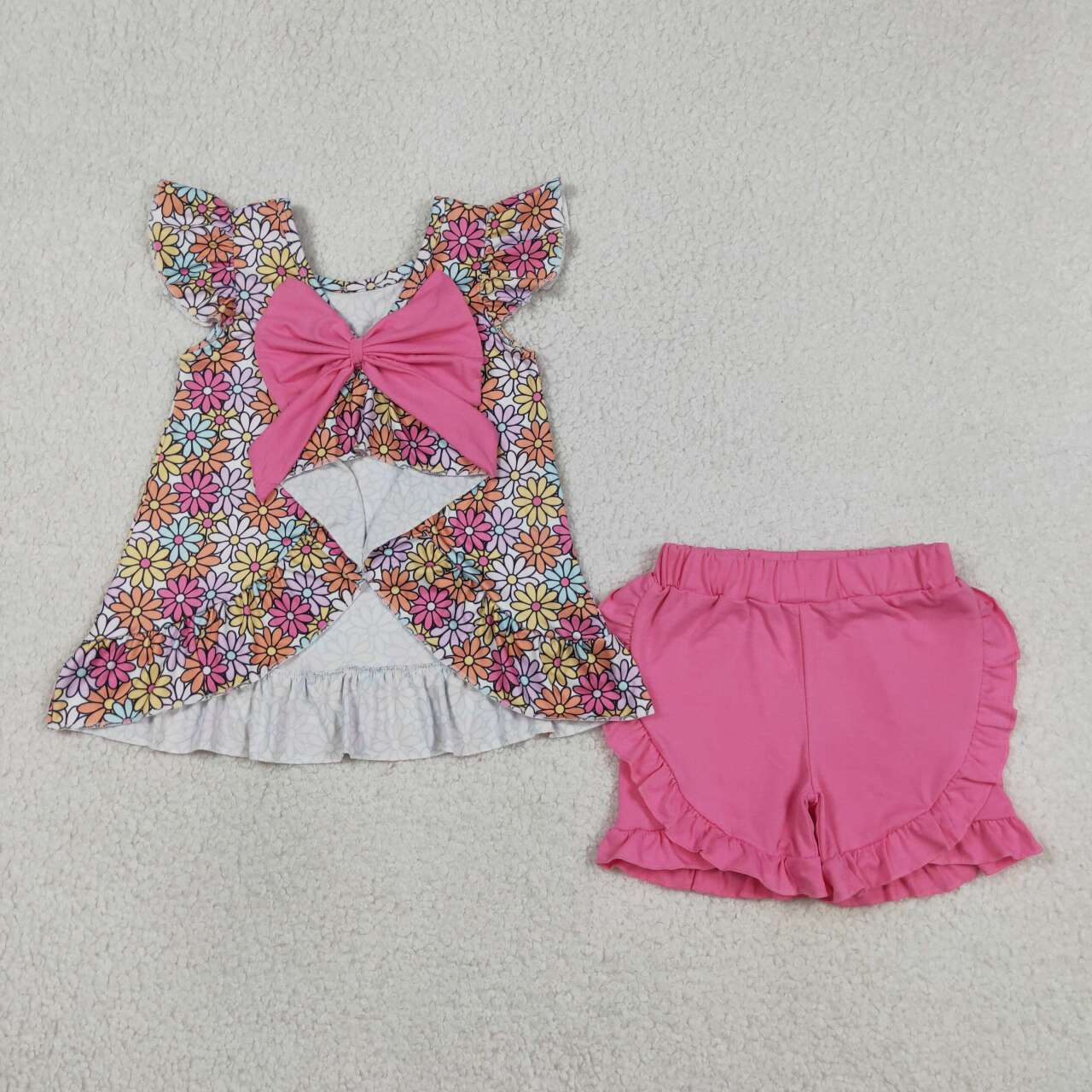 Colorful flowers top matching shorts girls summer outfit