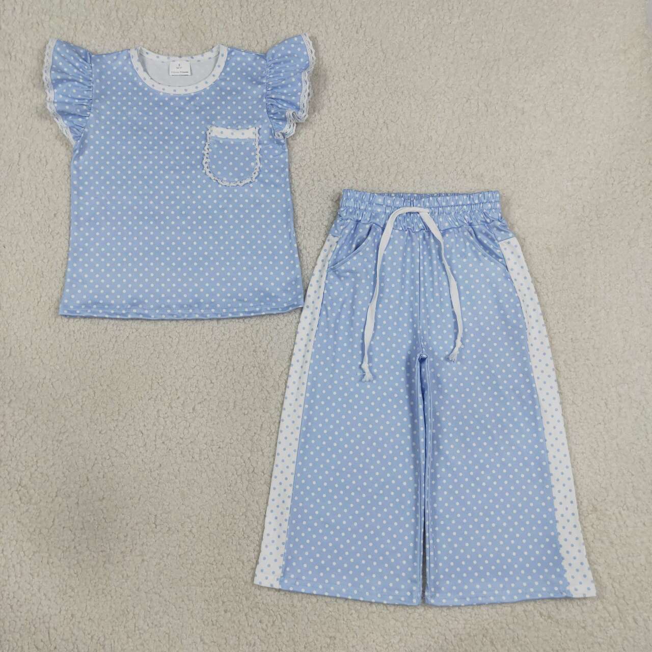 Blue print short sleeve top matching pants girl outfit