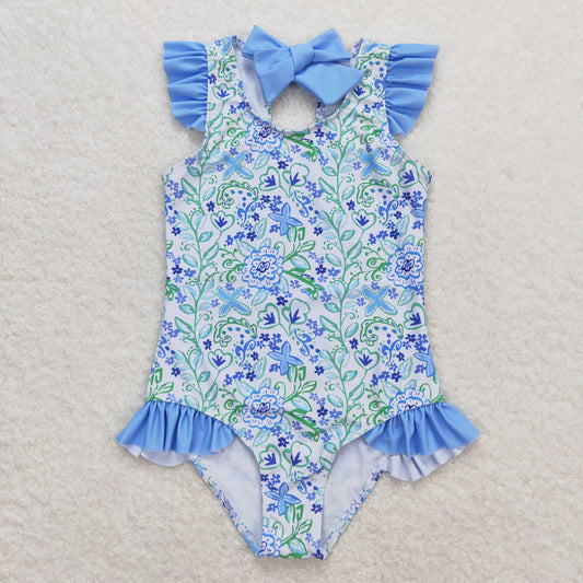 blue floral one piece summer swimwear