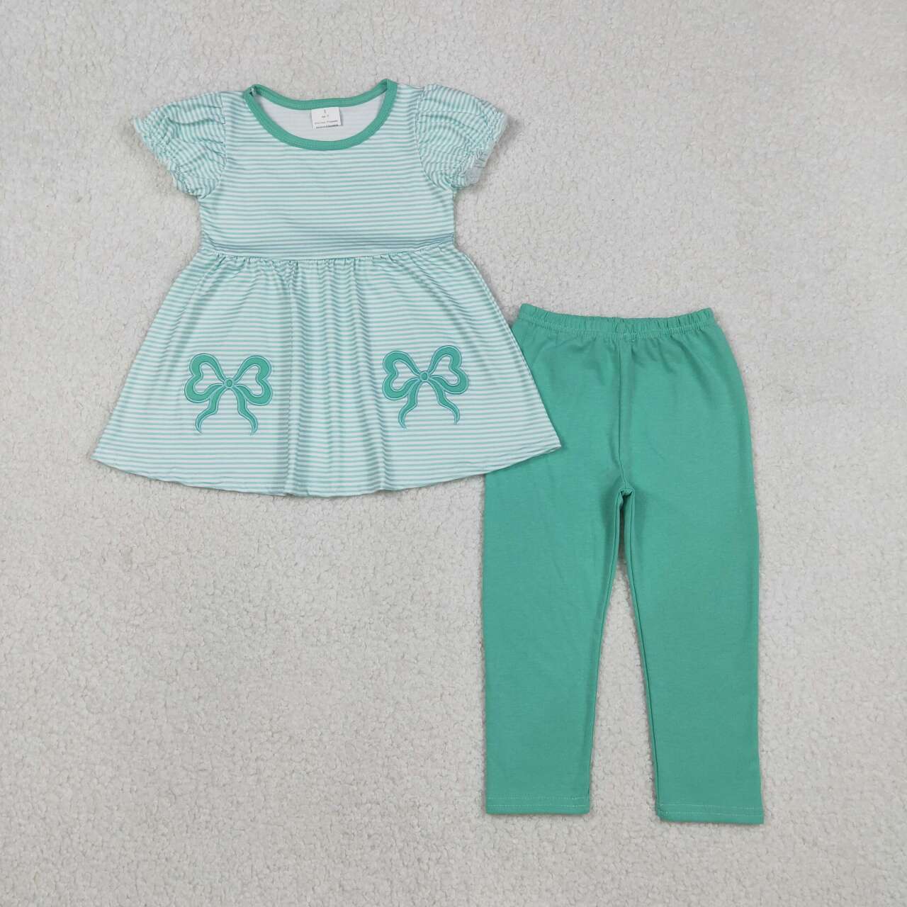 Embroidery Blue bow short sleeve top matching pants baby girl outfit