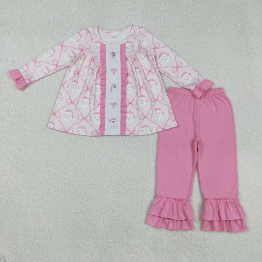 Embroidery Christmas Santa Pink bow tunic top matching pants clothes