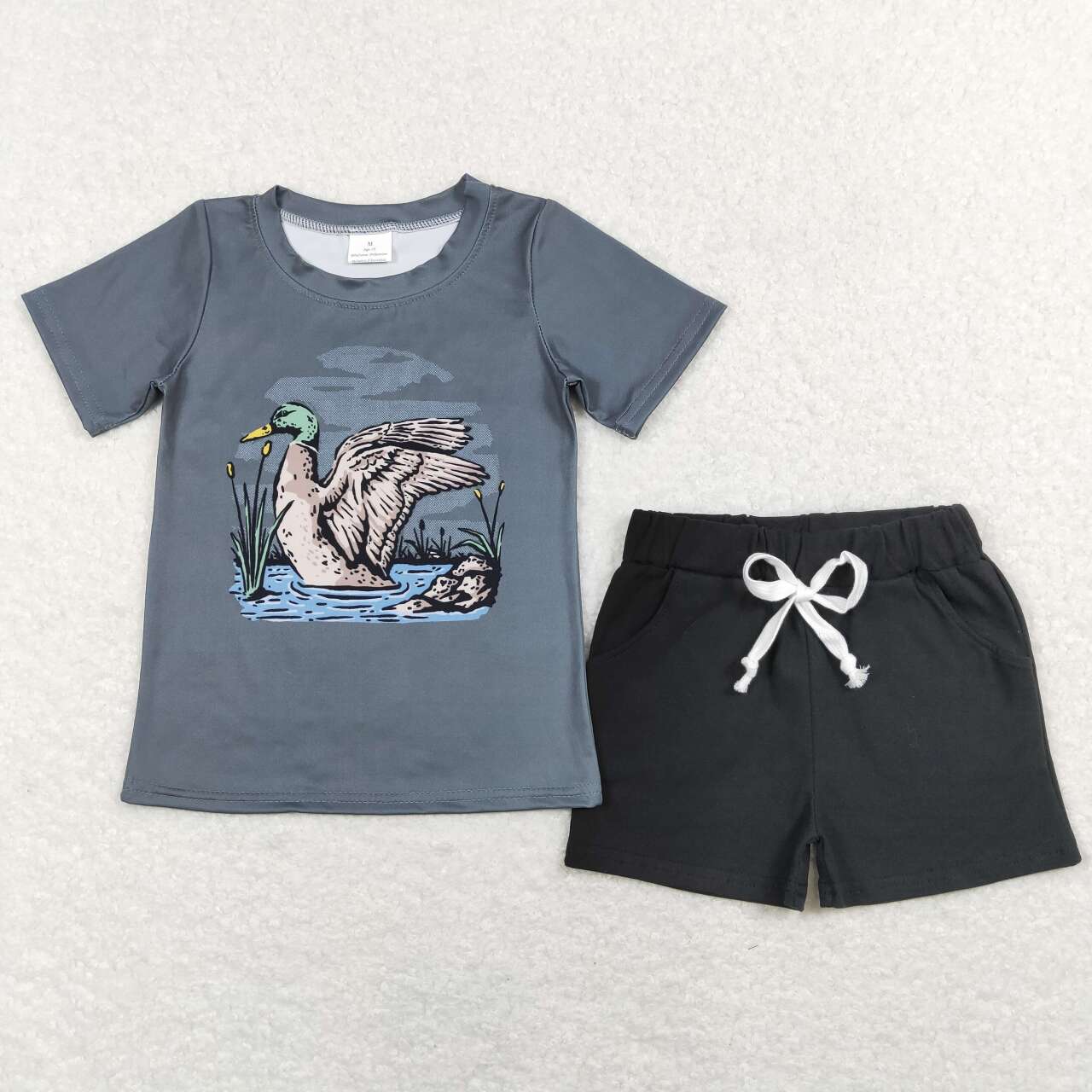 mallard duck shirt black shorts boy summer outfit