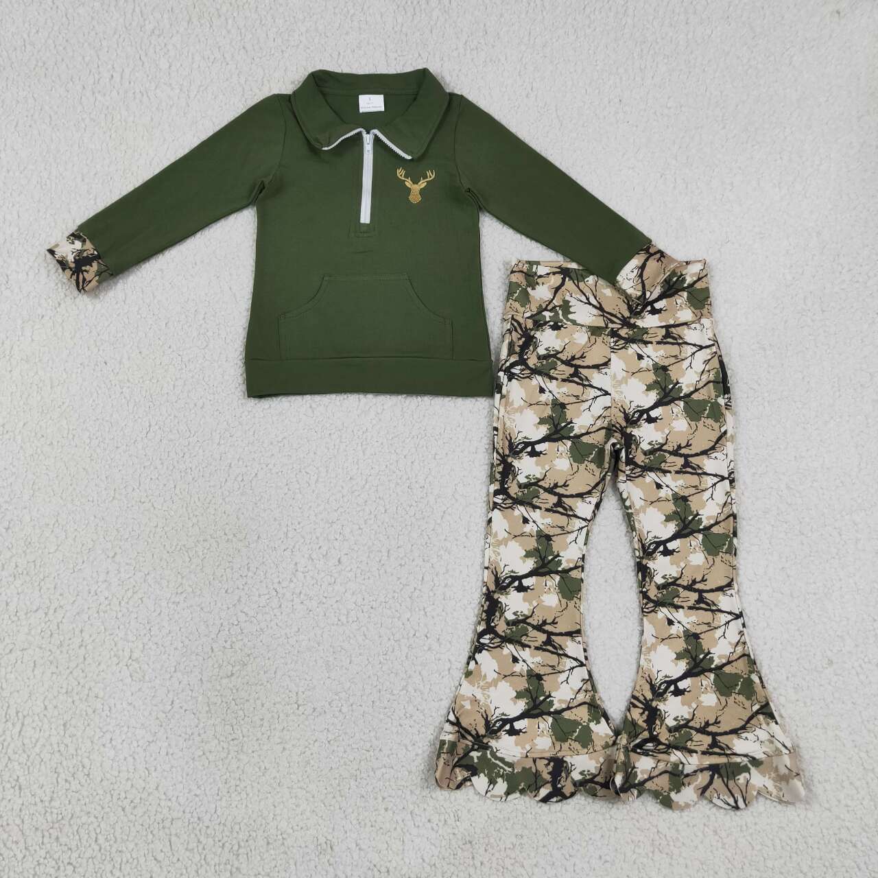 Embroidery Deer print long sleeve pullover top matching pants girls fall outfit