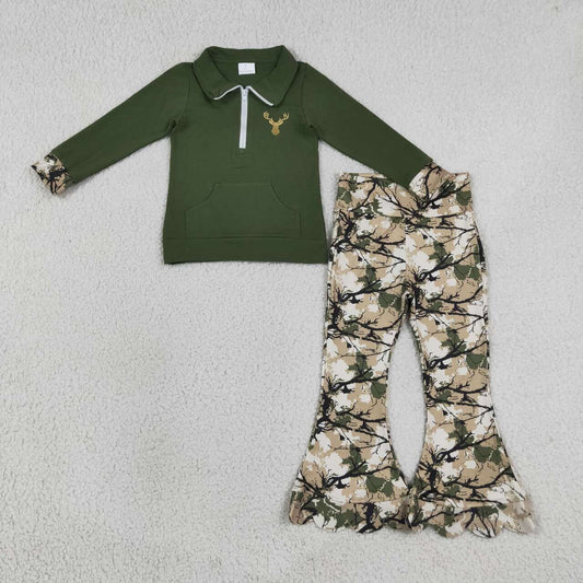 Embroidery Deer print long sleeve pullover top matching pants girls fall outfit
