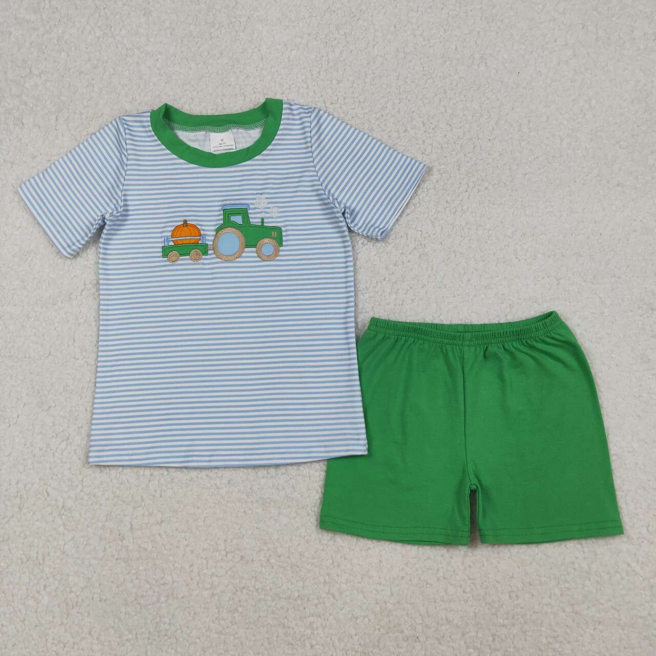 Toddle boy embroidery pumpkin tractor short sleeve matching outfit set