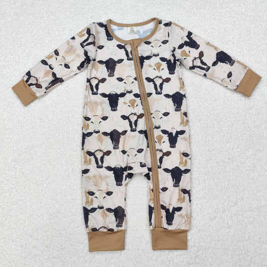 Farm cow baby boy long sleeve zip romper