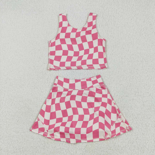 Baby girls pink checkered active wear athletic summer yoga skirt set