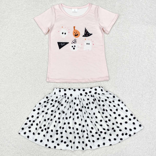 girls kids baby wholesale Halloween pumpkin ghost top matching dots skirt set