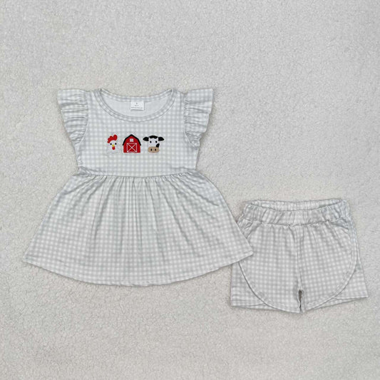 Embroidery farm cow top matching shorts baby girl outfit