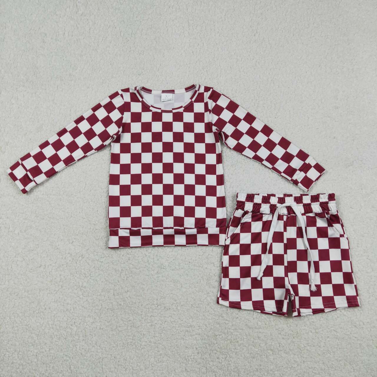 Wine Red checkered long sleeve top matching shorts girls clothes